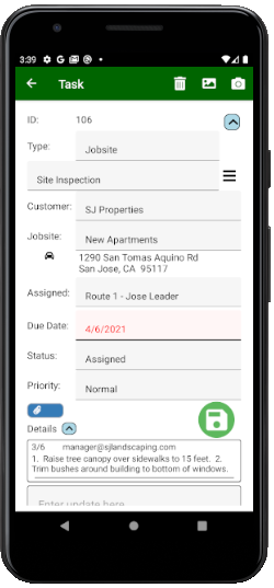 Field Service Cloud Software - Field Assistant mobile app allows crews to update tasks assigned to them in the field, including unlimited photos.  Offline updates are supported, but when online, account managers received immediate update notifications.