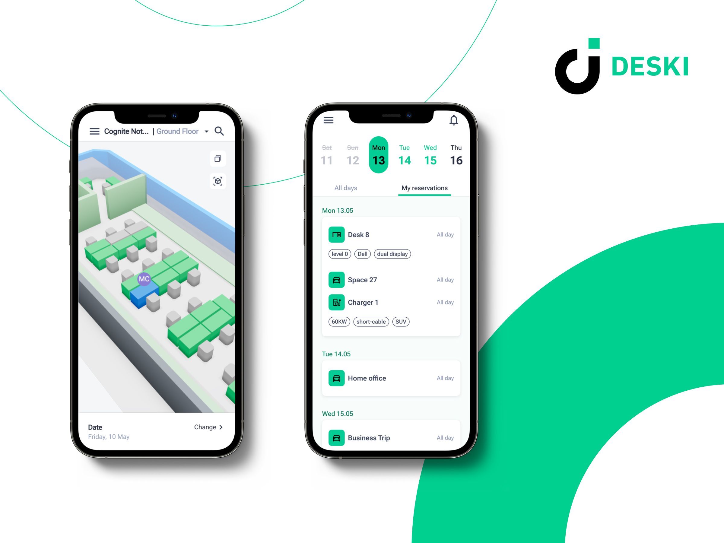 Deski screenshot: Make employee scheduling easy. Let your colleagues effortlessly plan their hybrid schedules, book the office assets they need, and report on their work modes. 

