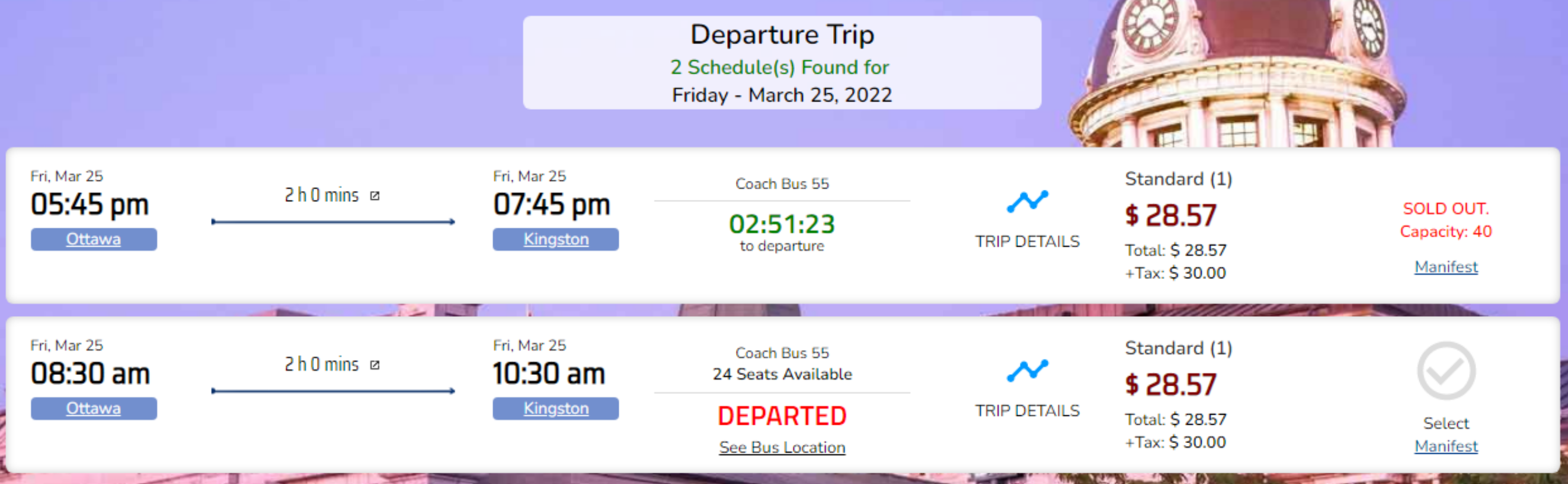 Bus options shows a countdown timer for the bus departure time. Customers can easily understand if the bus is close to departure time and can make a better selection without making your call center busy.