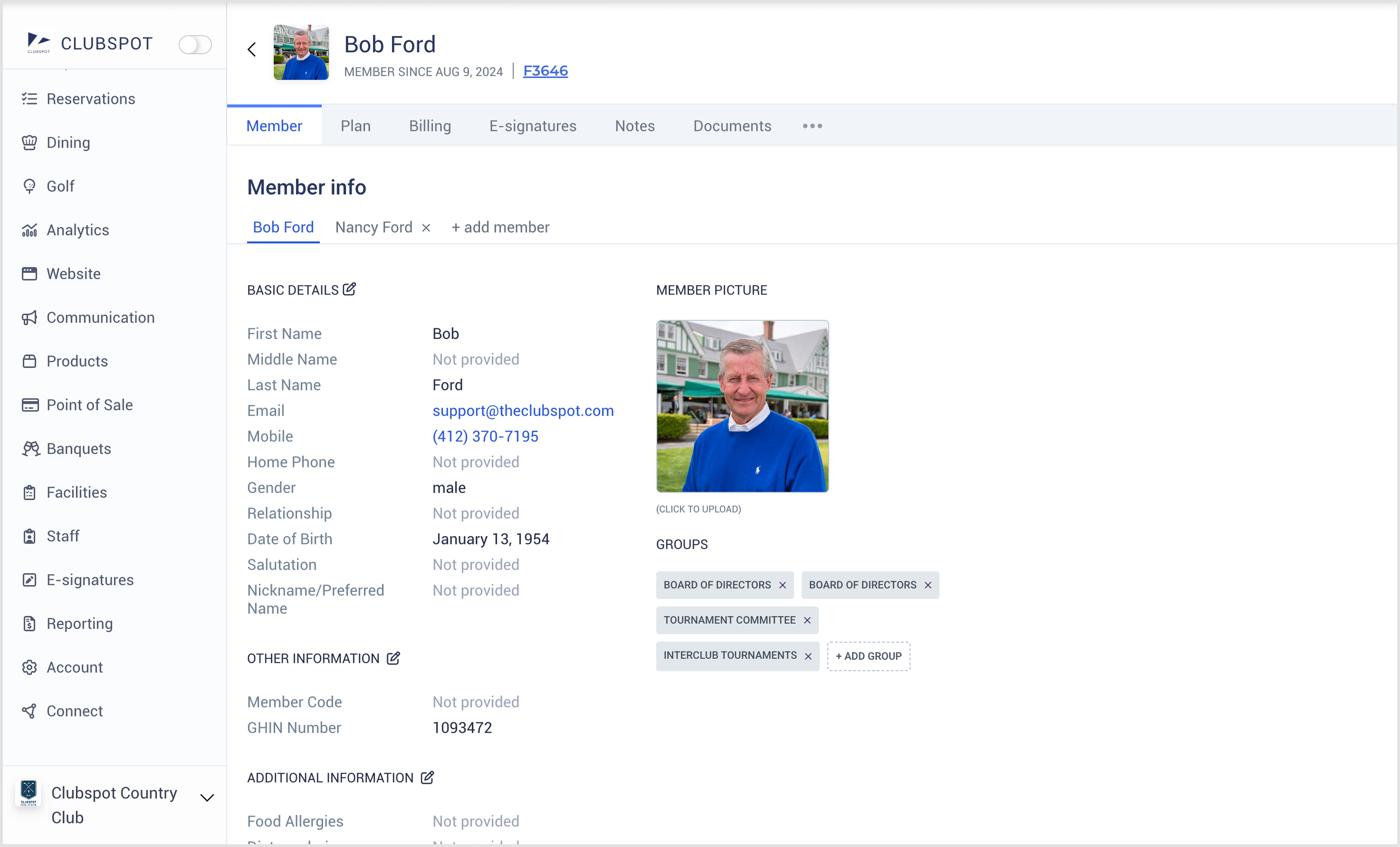 Clubspot screenshot: Clubspot member information
