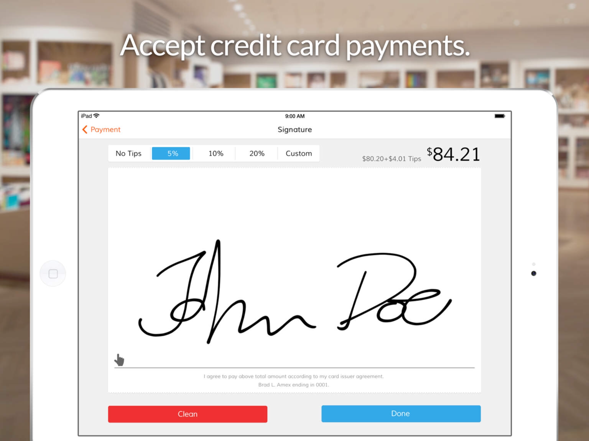 Bindo POS Software - Accept credit card payments, tips and electronic signatures online via iPad