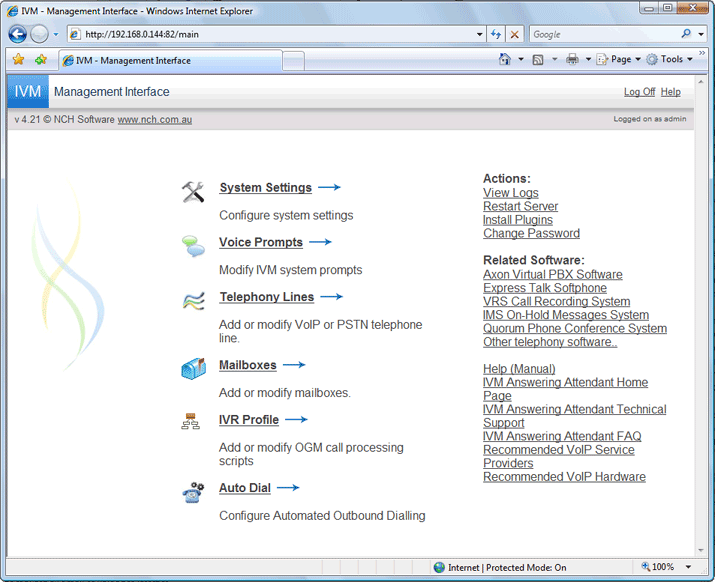IVM Interactive Voice Response screenshot: IVM Interactive Voice Response main web console