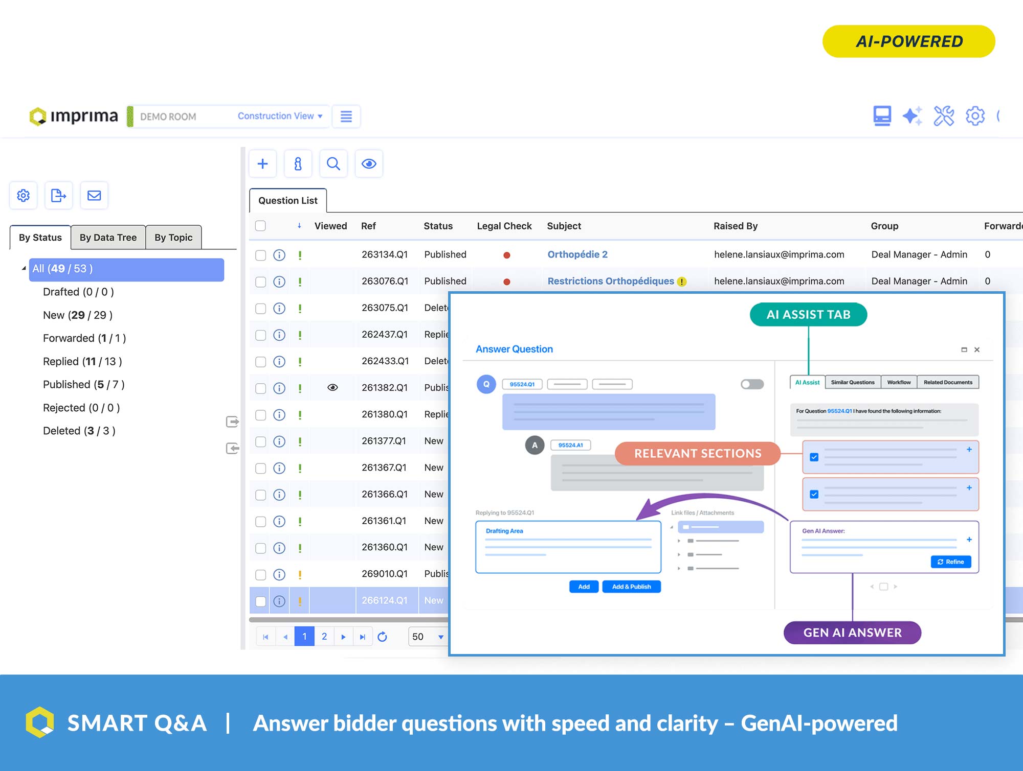 Imprima Virtual Data Room screenshot: Eliminate time-consuming searches across the data room with instant, reference-based answers. Smart Q&A pinpoints relevant documents, highlights supporting paragraphs, and drafts high-quality answers.