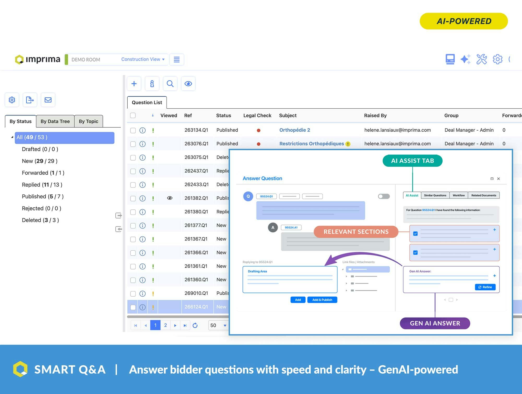 Imprima Virtual Data Room Software - Eliminate time-consuming searches across the data room with instant, reference-based answers. Smart Q&A pinpoints relevant documents, highlights supporting paragraphs, and drafts high-quality answers.