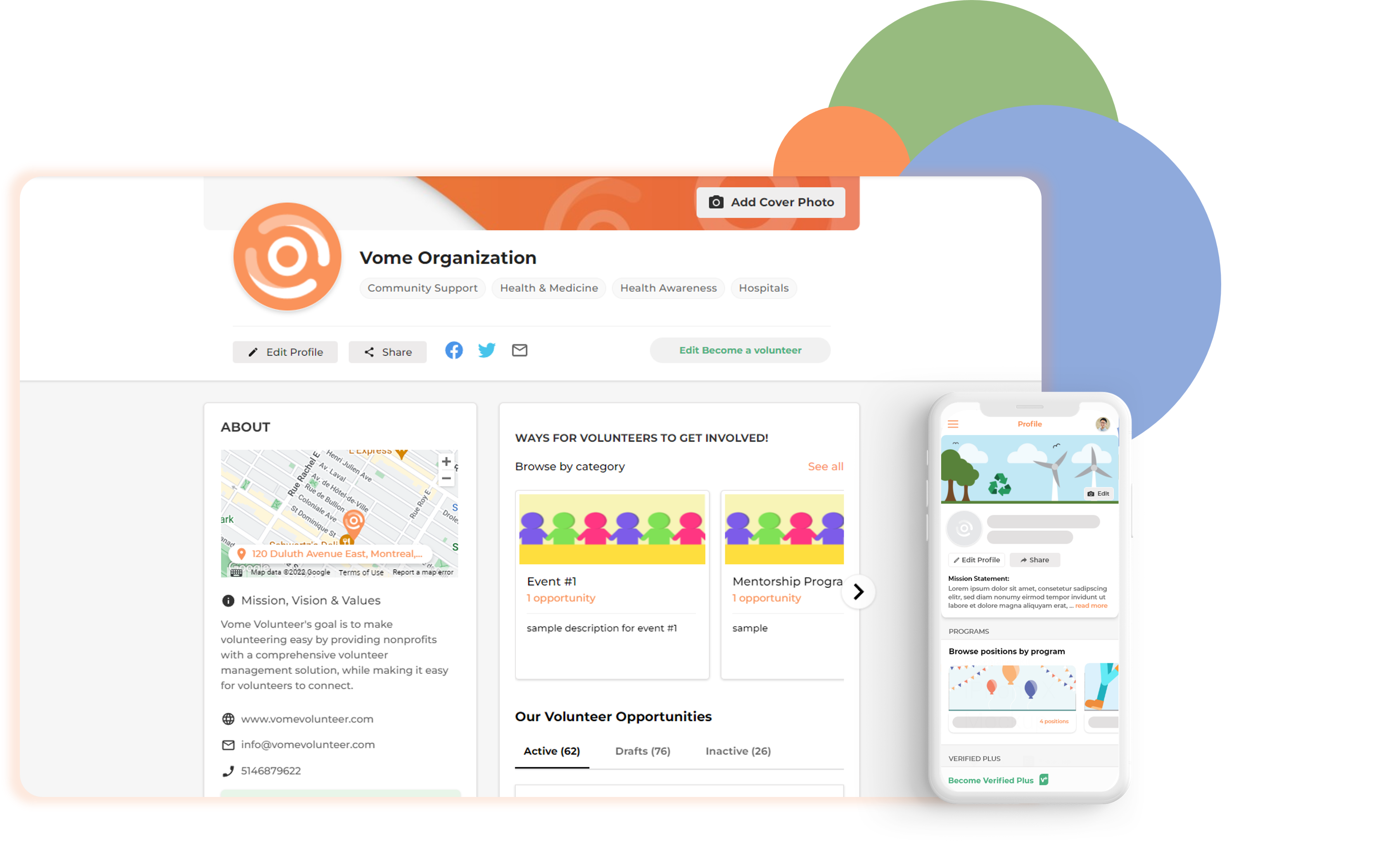 Vome Volunteer screenshot: Publish your opportunities on a shareable profile to showcase your volunteer program on social media or your website!