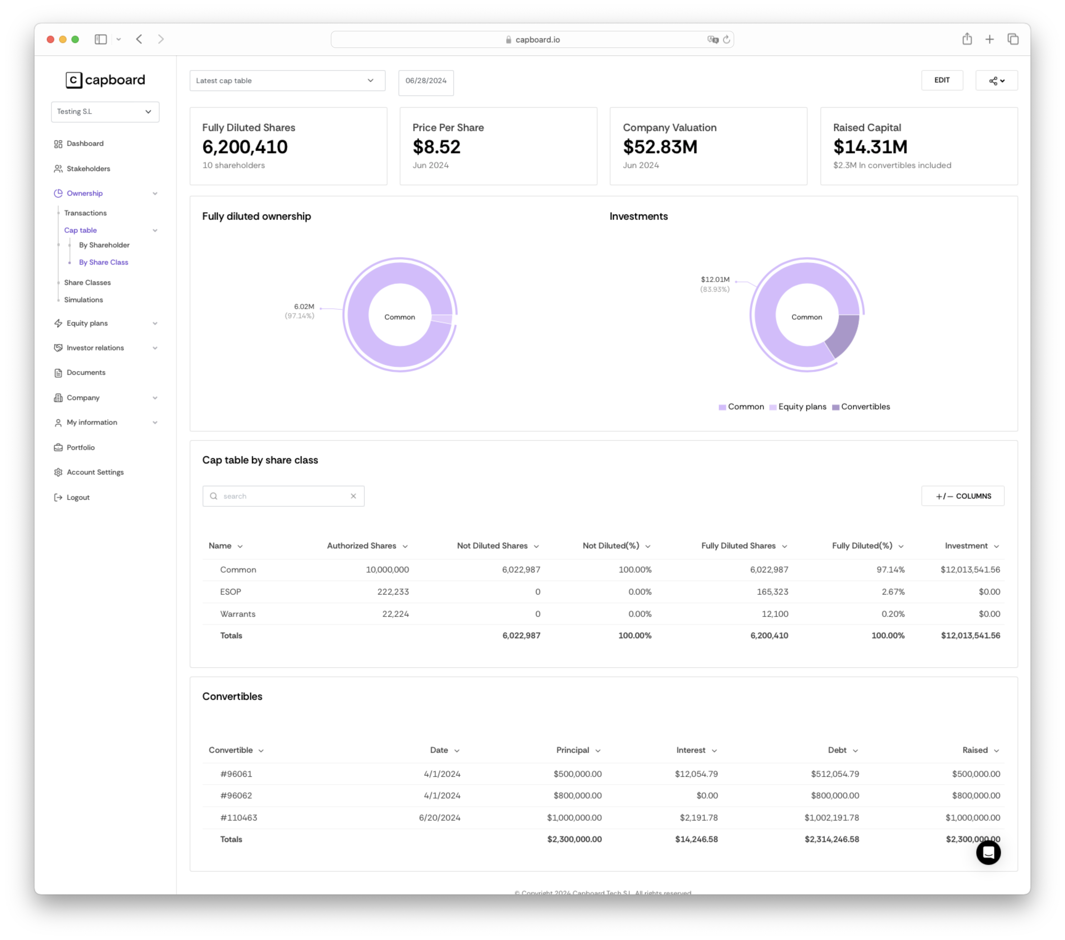 Capboard screenshot: Cap Table Management: manage your cap table effortlessly with flexible views. Choose "Cap Table by Stakeholder" for detailed holdings of each investor, or "Cap Table by Share Class" to see the distribution and stakeholders for each share class.