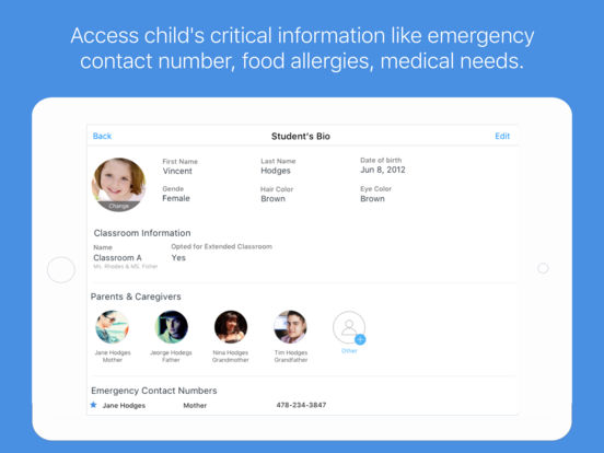Student profiles contain information on emergency contacts, allergies, medical needs, and more