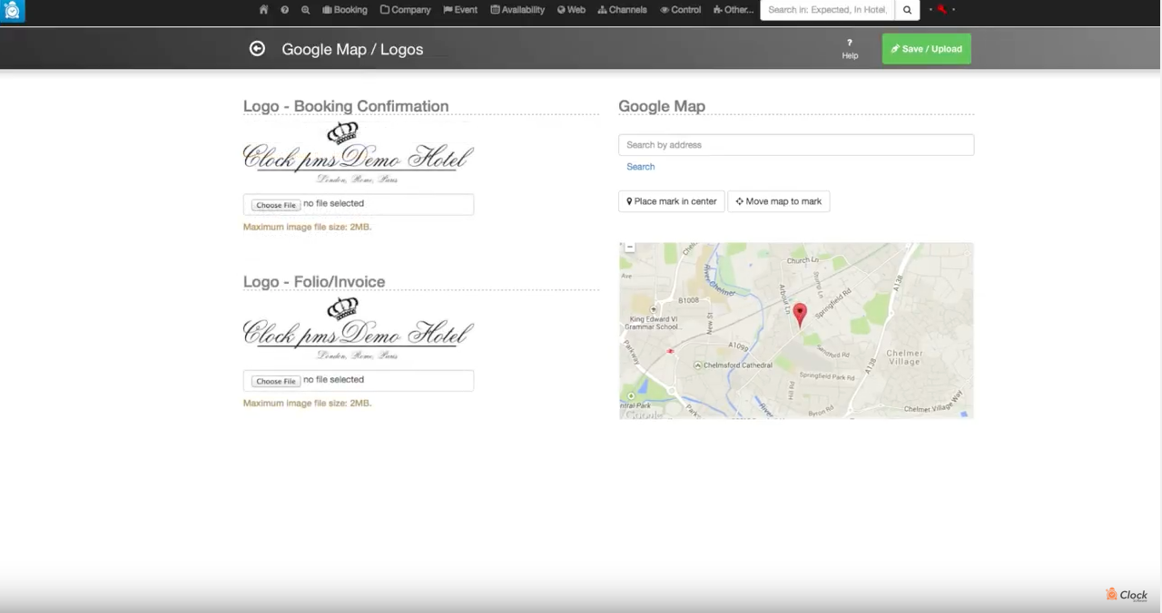 Clock PMS Software - Customize bookings and correspondence with business logos and add Google Maps to locate hotels