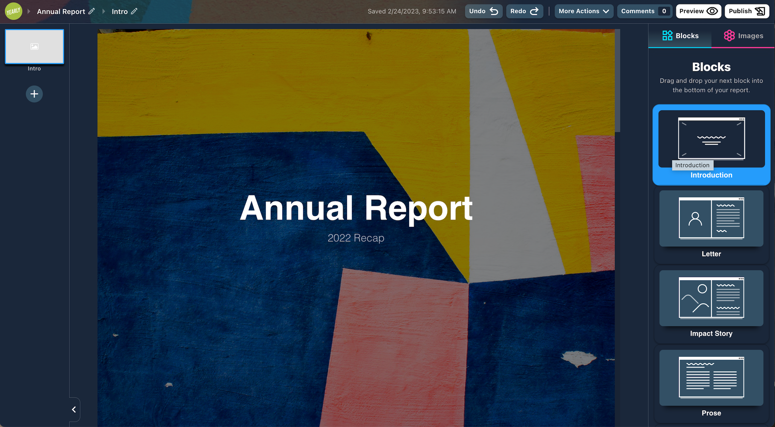 Storyraise screenshot: Storyraise (formerly Yearly) is a drag and drop platform for nonprofits to create their own engaging digital reports.