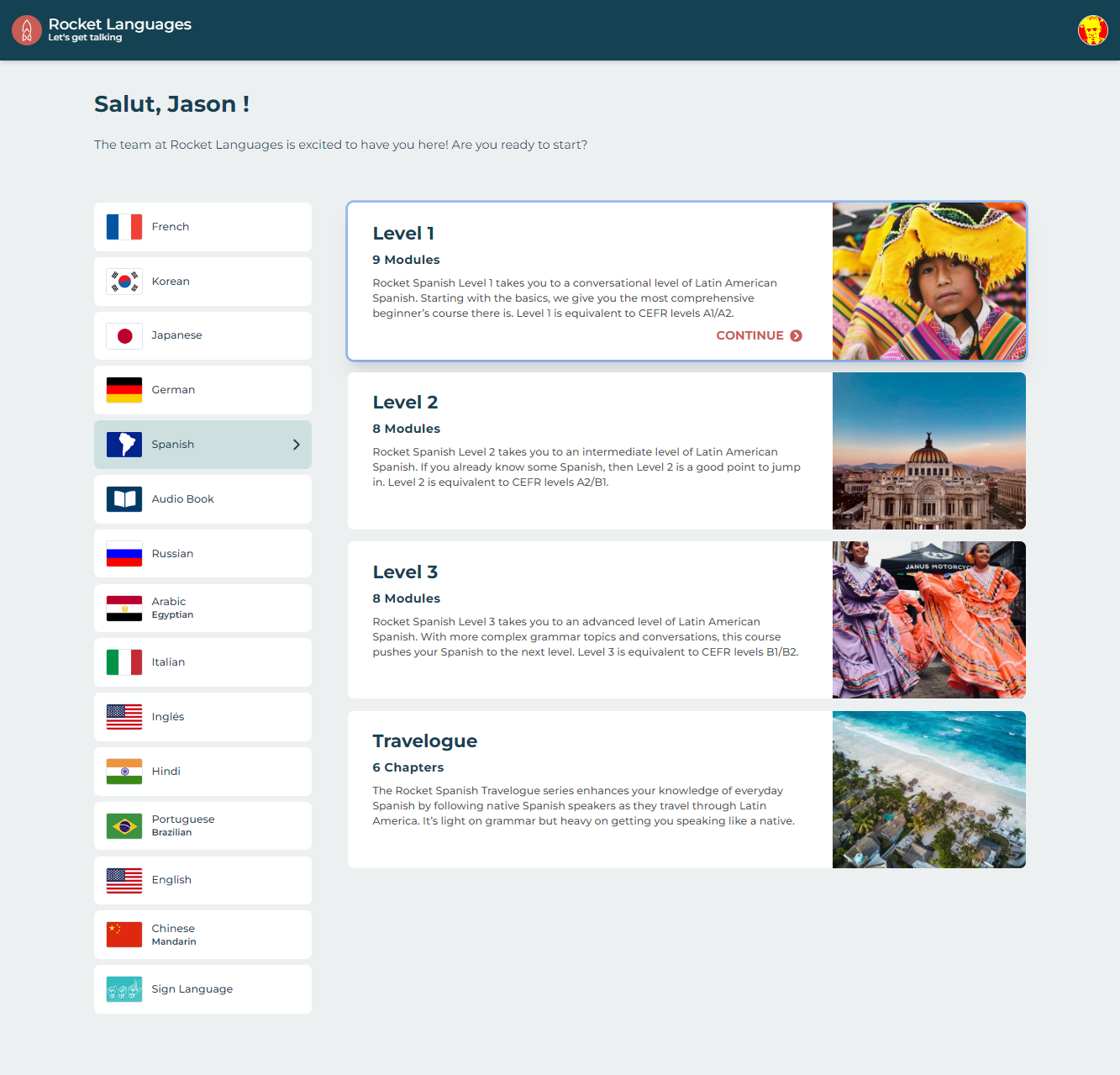 Rocket Languages page showing all languages available for online learning.