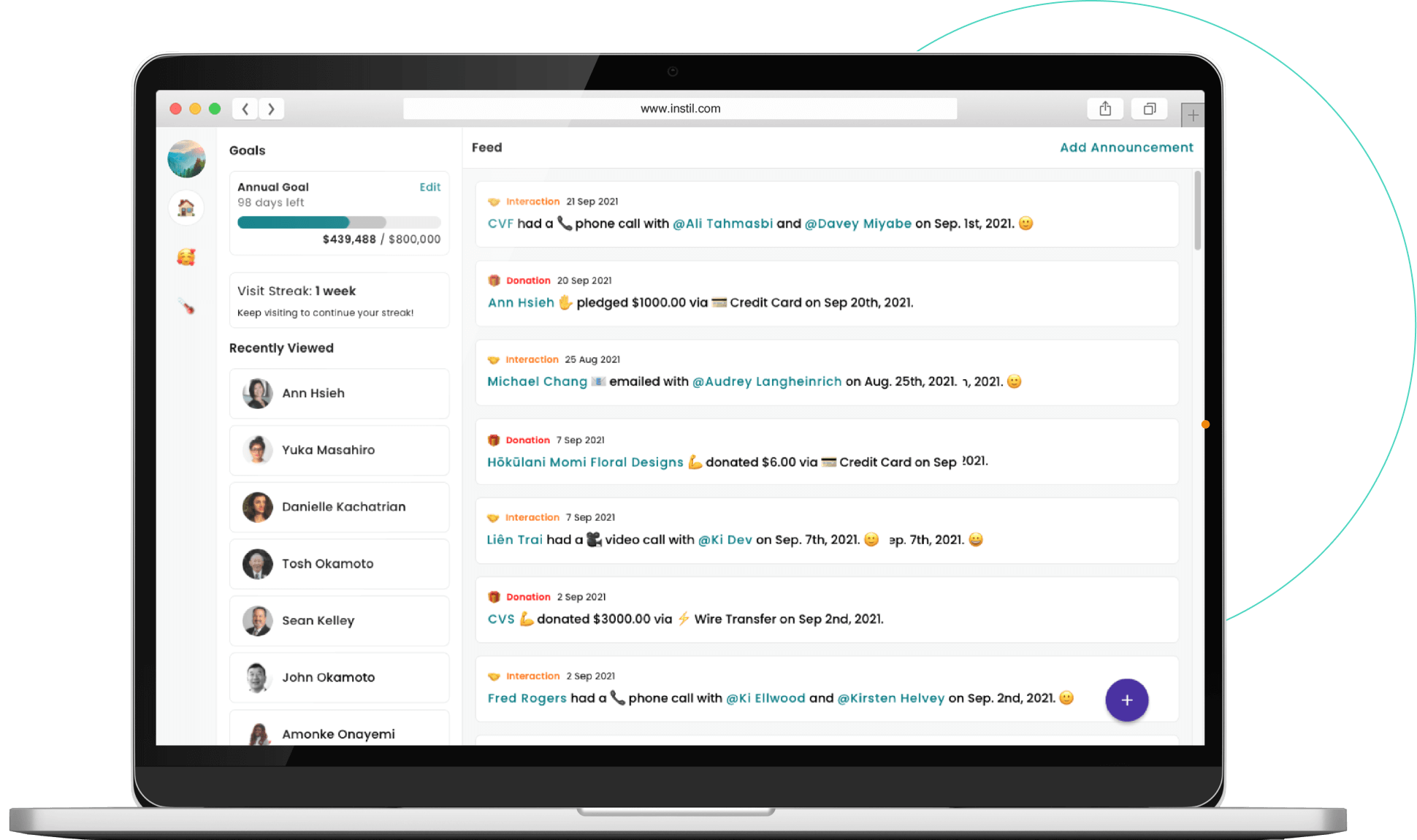 Instil screenshot: Instil's activity feed keeps you up-to-date on all of your organization's activities and supporter interactions.