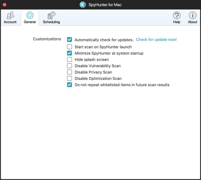 SpyHunter for Mac general settings