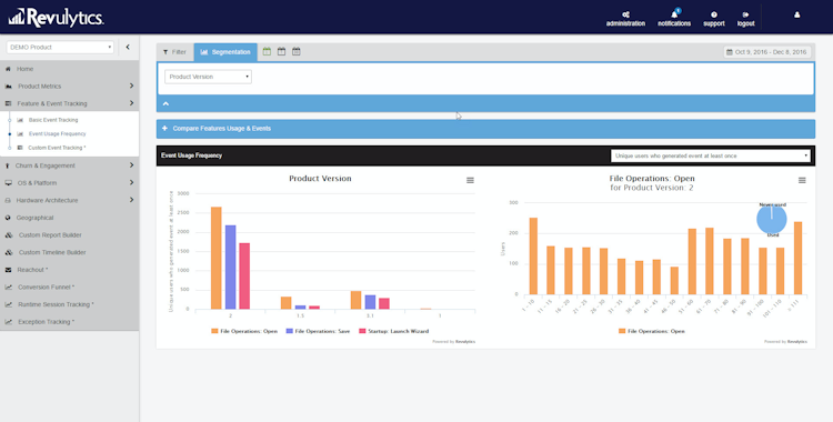 Usage Intelligence screenshot: Usage Intelligence event-based analytics enables you to anonymously track and report on software usage. You can identify your most popular features and focus your development accordingly.