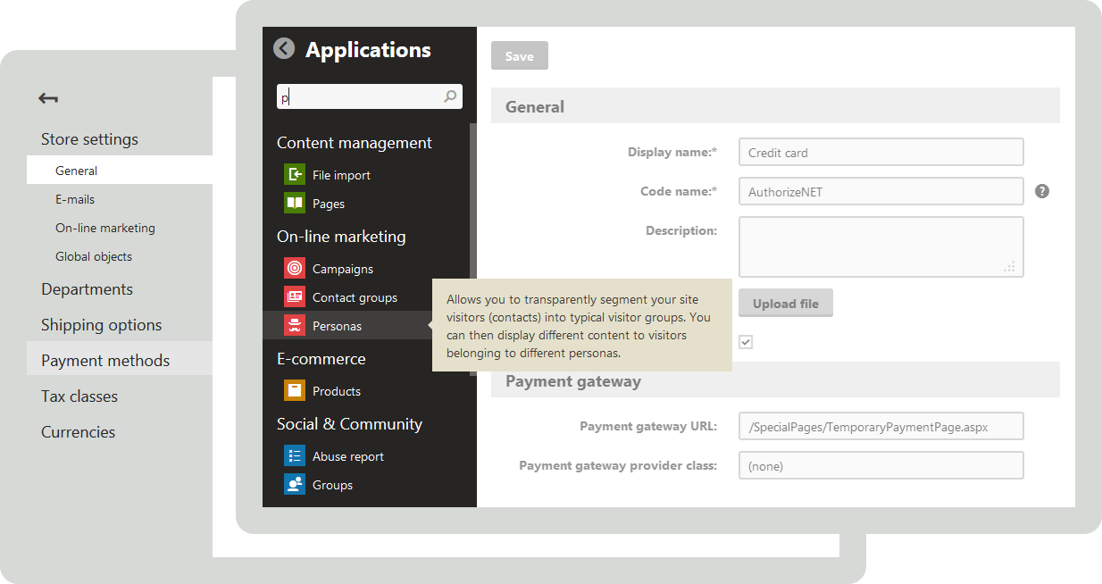 Kentico screenshot: Kentico's applications are accessed from the main menu in the dashboard