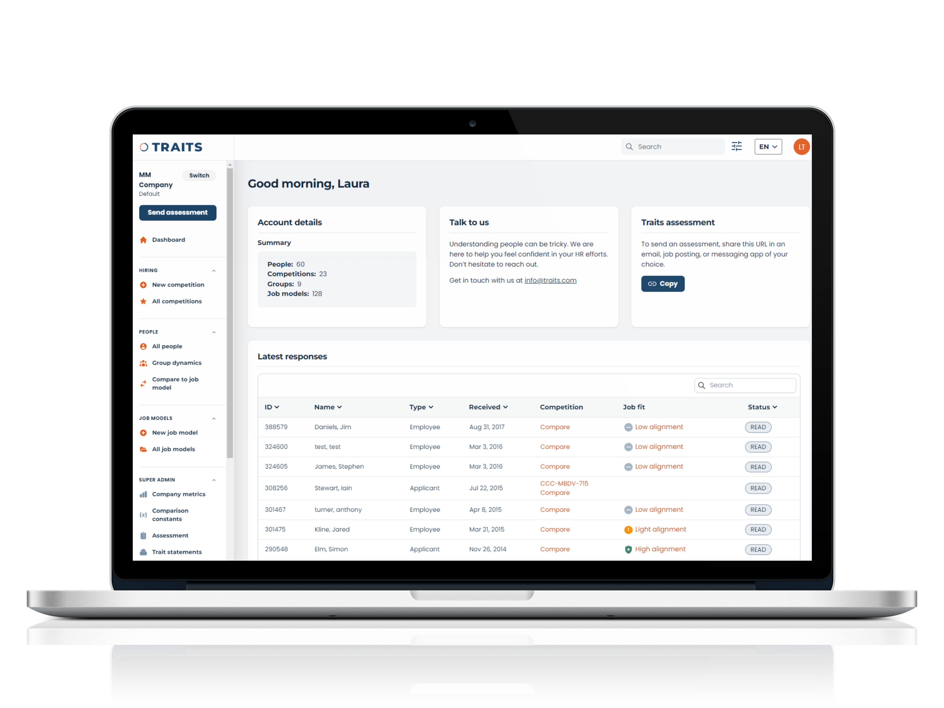 TRAITS screenshot: User-friendly dashboard that provides easy access to the latest assessments results, see job fit and compare to others.