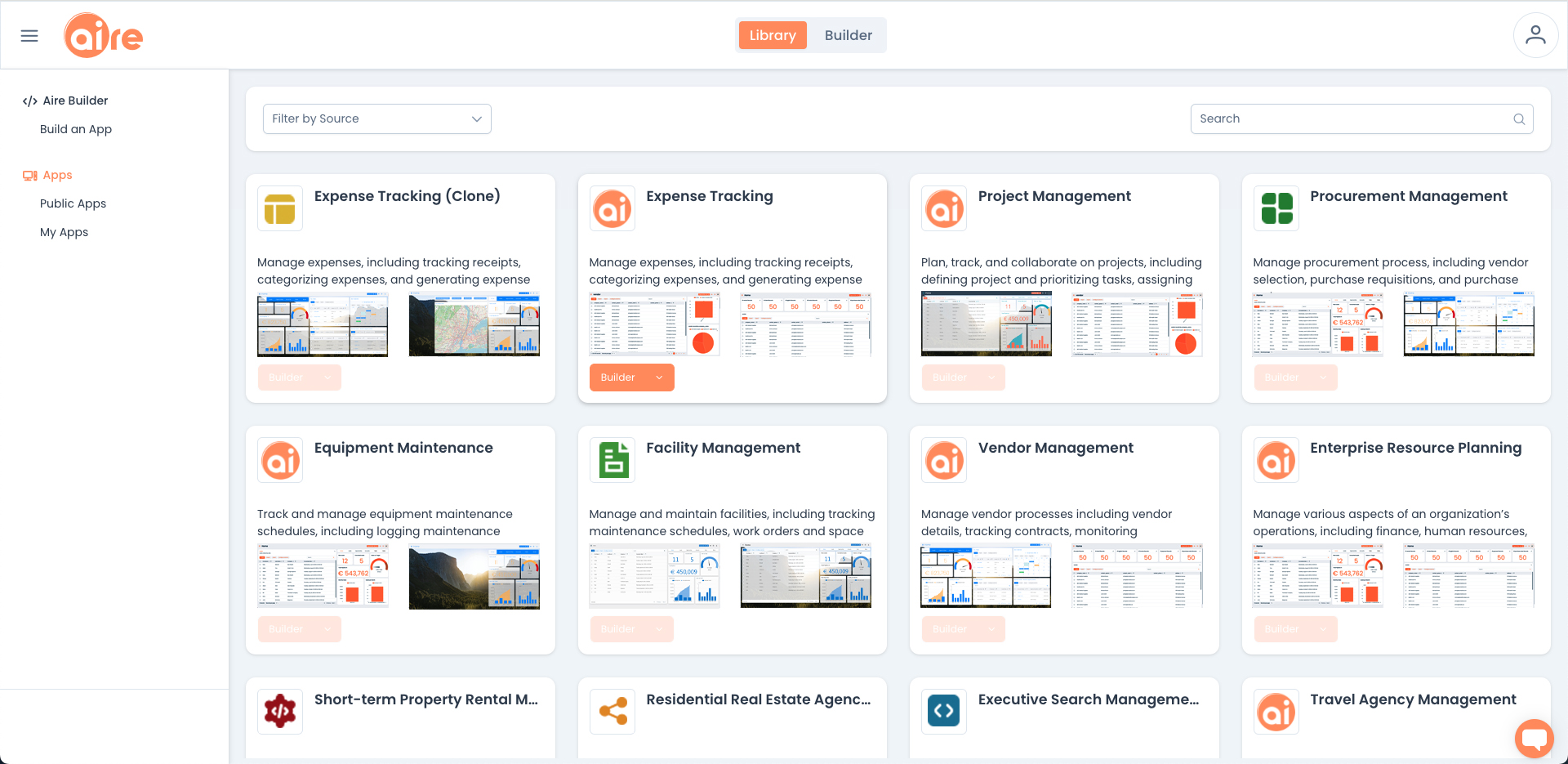 Aire screenshot: Public Library of pre-built apps