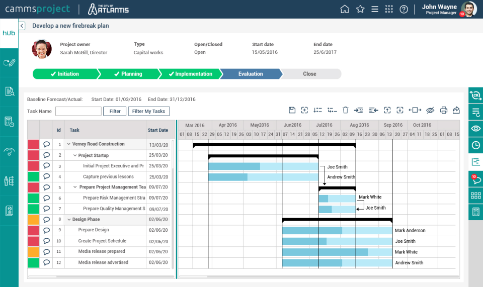 Camms.Project Software - Track project progress via Gantt charts, offering a visual schedule for assisting with forward planning and prioritization