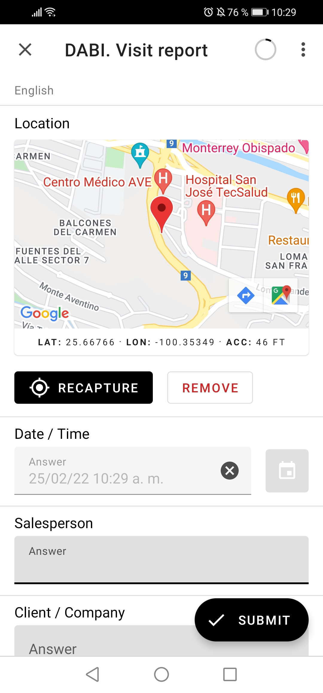 Example of a geolocation in DABI Movil
