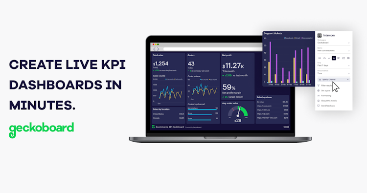 Geckoboard screenshot: Create live KPI dashboards in minutes. No coding or training required.