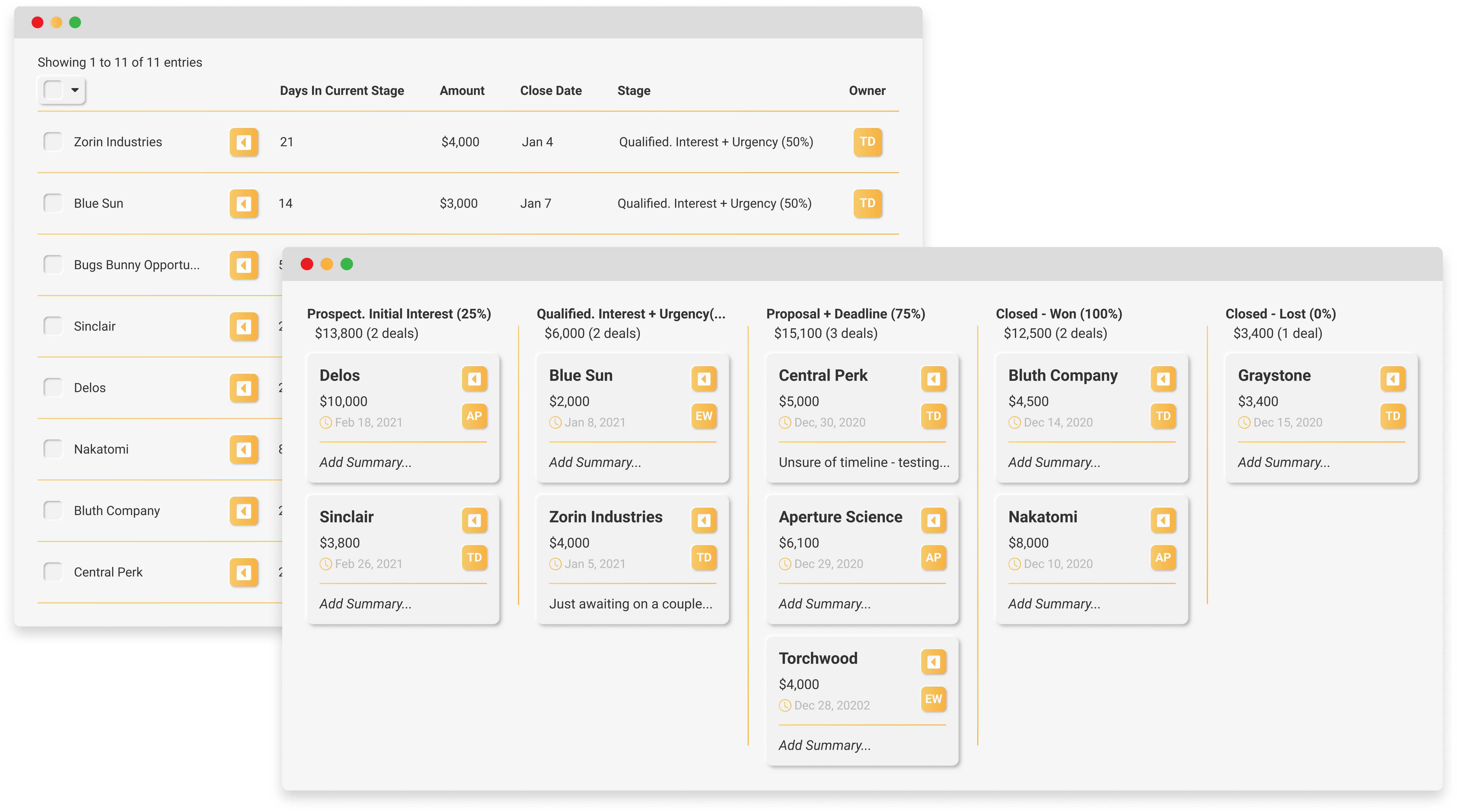 Sales pipelines with multiple views. Track multiple pipelines, customize your stages, and what data are shown in kanban view.
