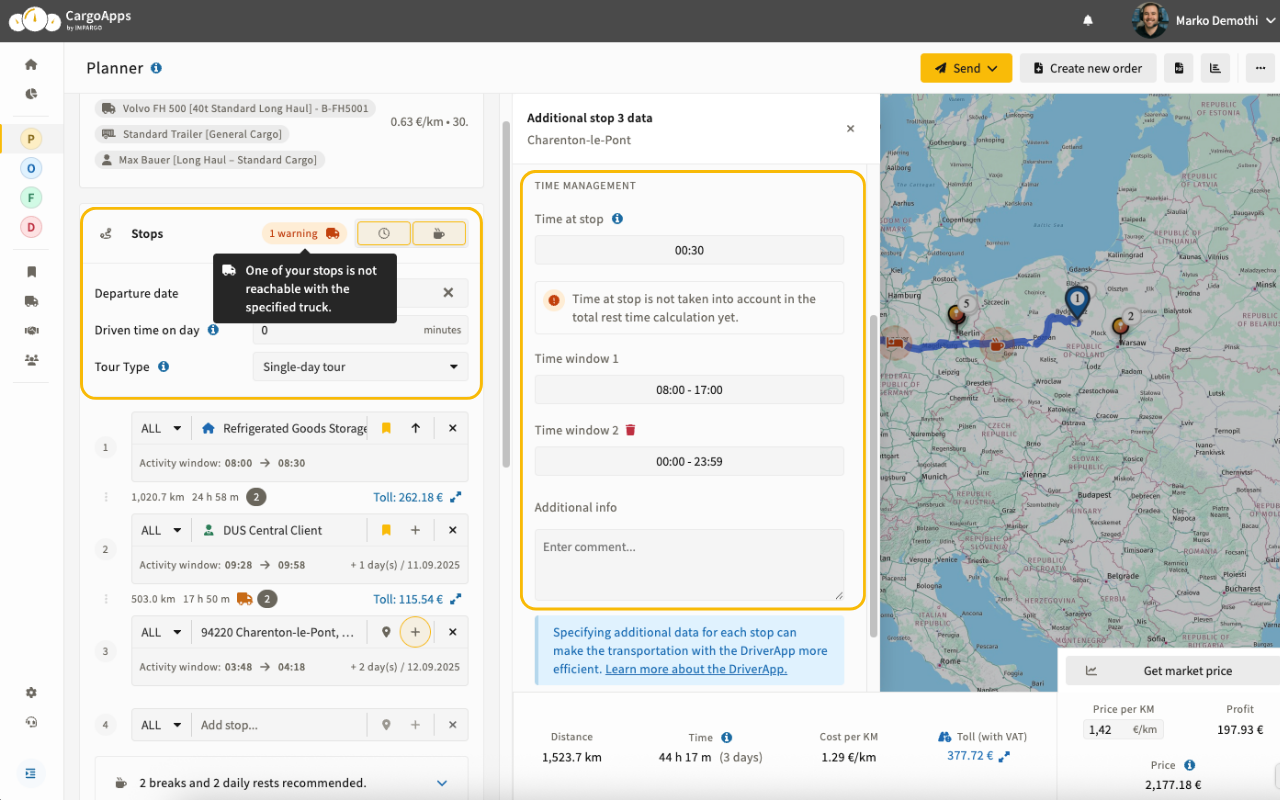 CargoApps screenshot: The planner module supports time-based dispatch planning for road freight operations. Dispatchers can organize routes, manage schedules, and align orders with available resources while considering driving and rest times and delivery constraints.