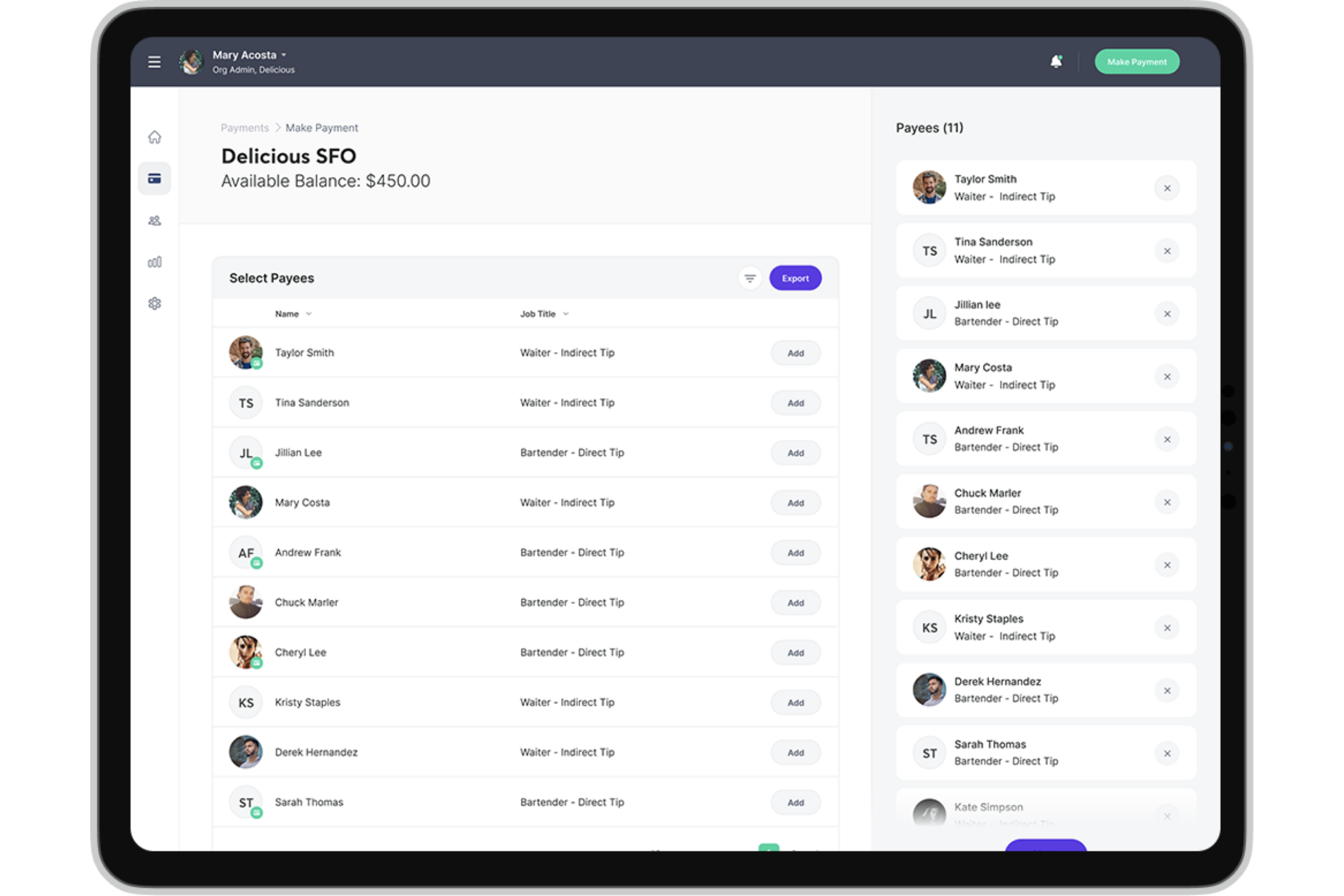 Kickfin dashboard: After setting up your locations, you can see all employees at each location. When you're ready to distribute tips, you'll simply select the employees who worked that shift.