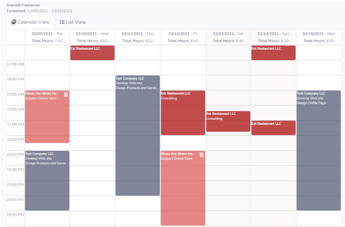 Billcont screenshot: Timesheets to track time within Projects/ Tasks/ Services using different hourly rates.