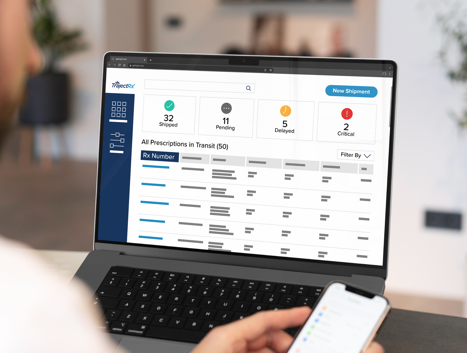 VPL TrajectRx screenshot: Utilize our all-in-one prescription shipping platform to get prescriptions out the door, track them to their destination, and communicate shipping updates to patients and staff.