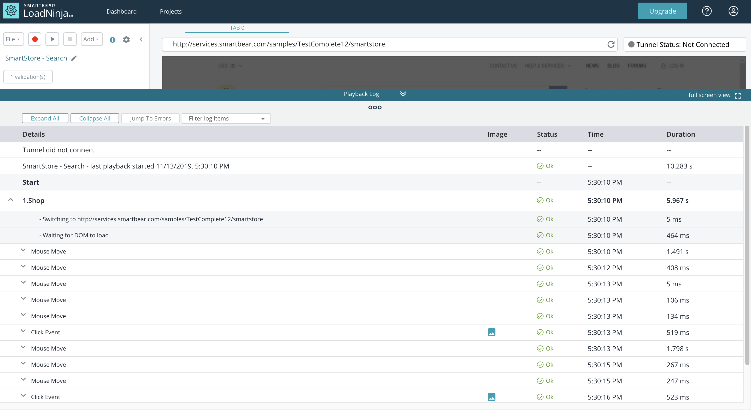 LoadNinja Software - LoadNinja playback log