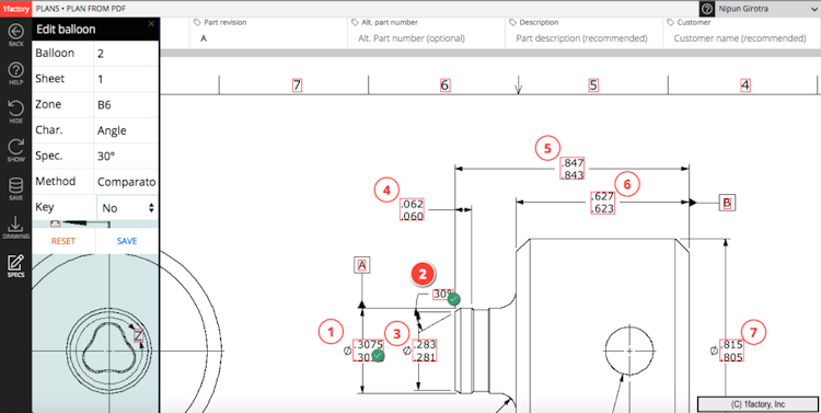 1factory screenshot: PDF Drawing Ballooning and First Article Inspection (FAI) capabilities automatically read and identify features on a drawing, using point and click editing to add balloons