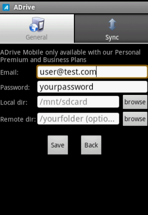 ADrive login interface