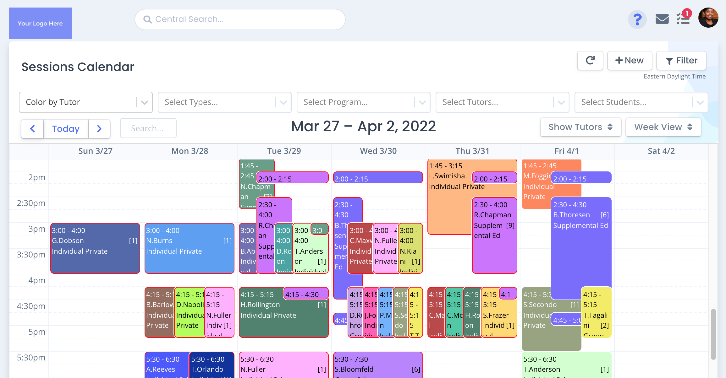 Oases Online Software - Calendar Week View. Unfiltered. Colored by Tutor. Options to color by status, location & custom.