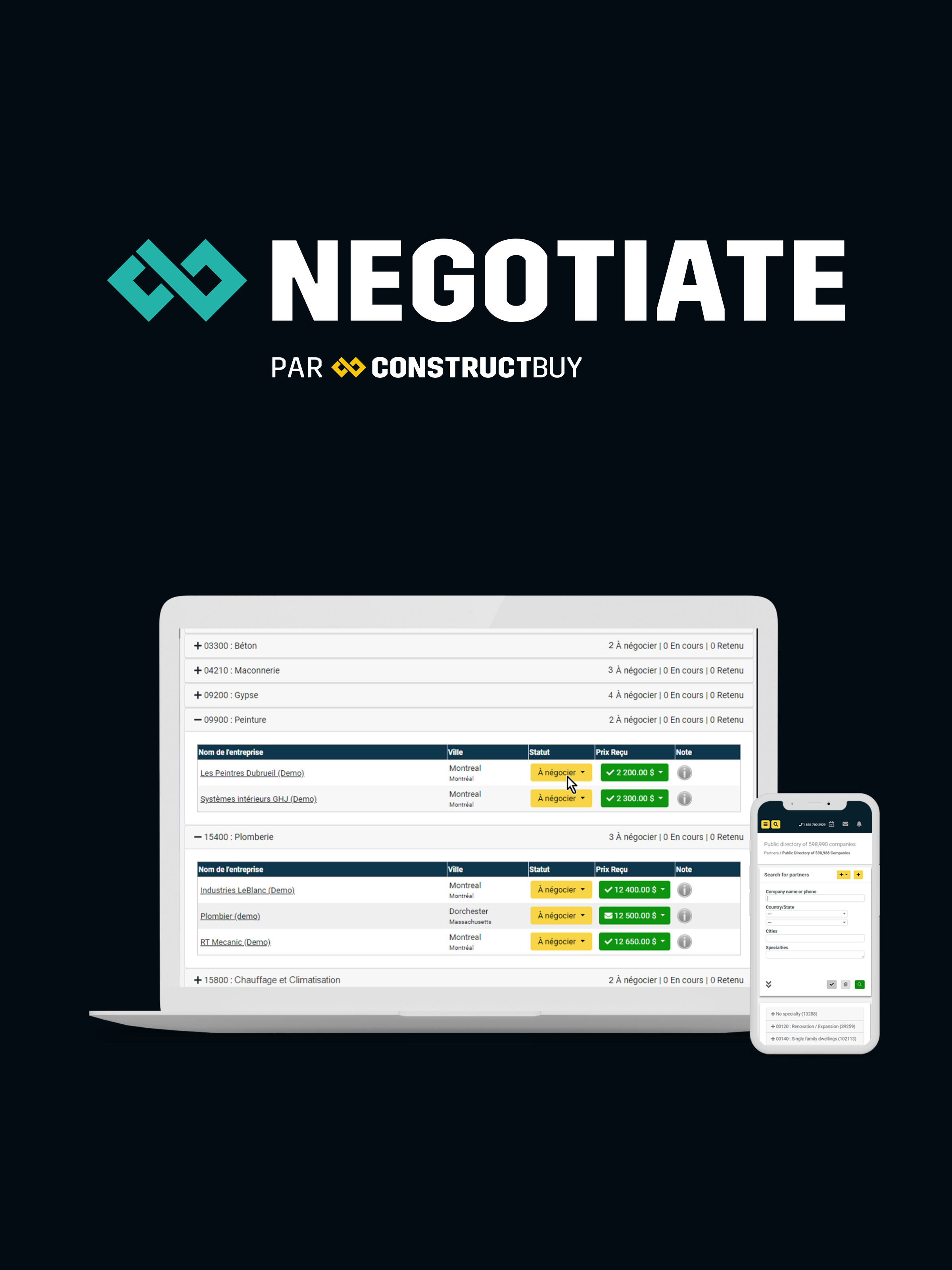 Tool to improve negotiation process among suppliers and bidders. Easily track the progress of your negotiations with the contractors and suppliers bidding on your projects.