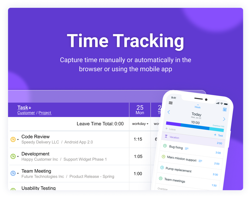 Choose between an online timesheet, a browser extension and a free mobile app. Record time spent in other apps and on the go. Ensure data accuracy and security with timesheet locking and approvals