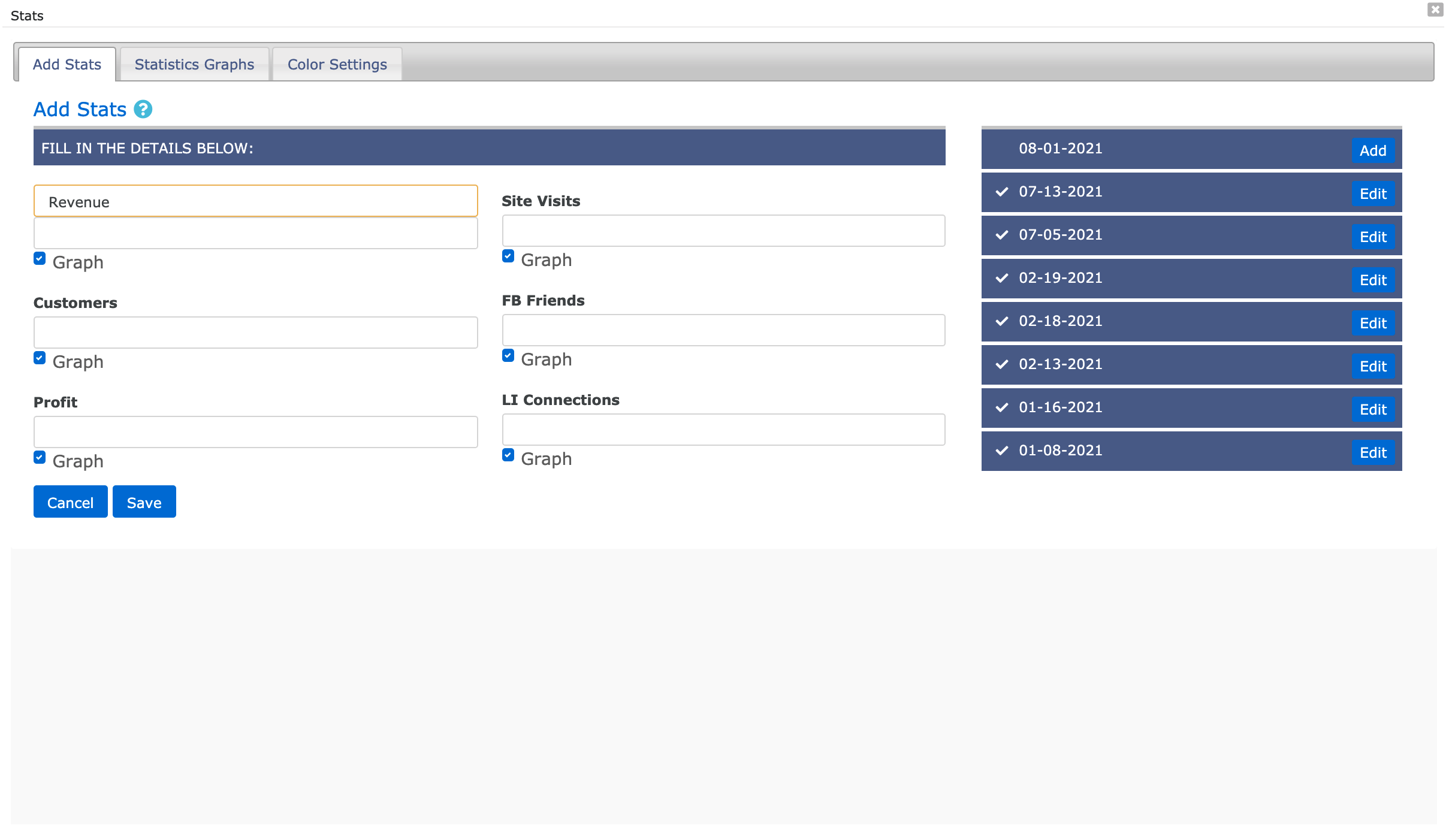 ClientFol.io Software - Open this panel, change the names of each goal you want to track, then ask your client what progress they made since the last session. All of this can be customized for each client separately.