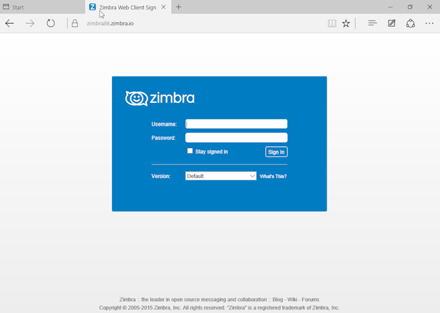 Zimbra Cloud screenshot: Zimbra Cloud login page