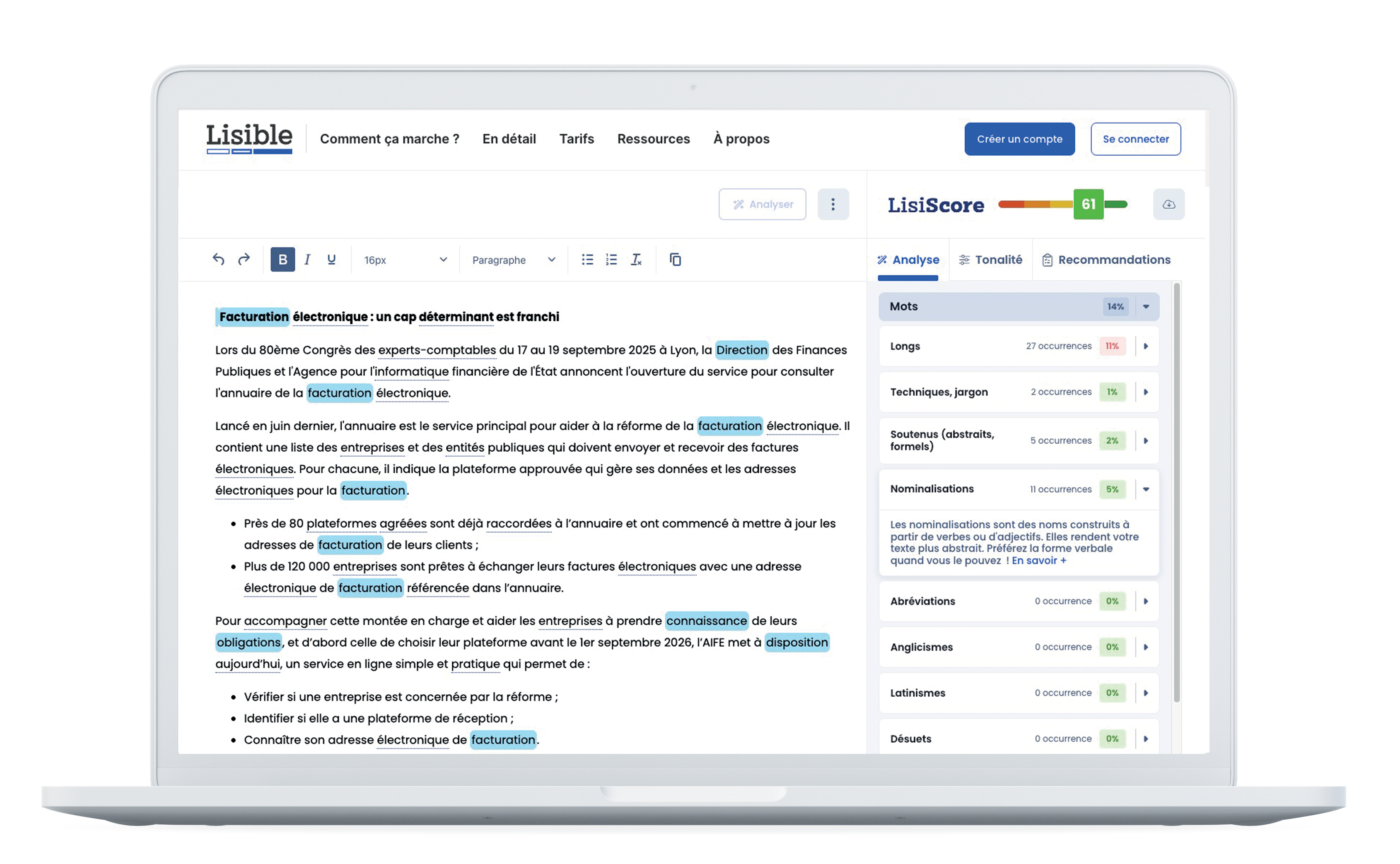 Lisible screenshot: Lisible's editor interface showing real-time French text analysis with highlighted readability issues, detected categories panel, and Lisiscore readability score. Users see immediate feedback on complex words and sentence structure.