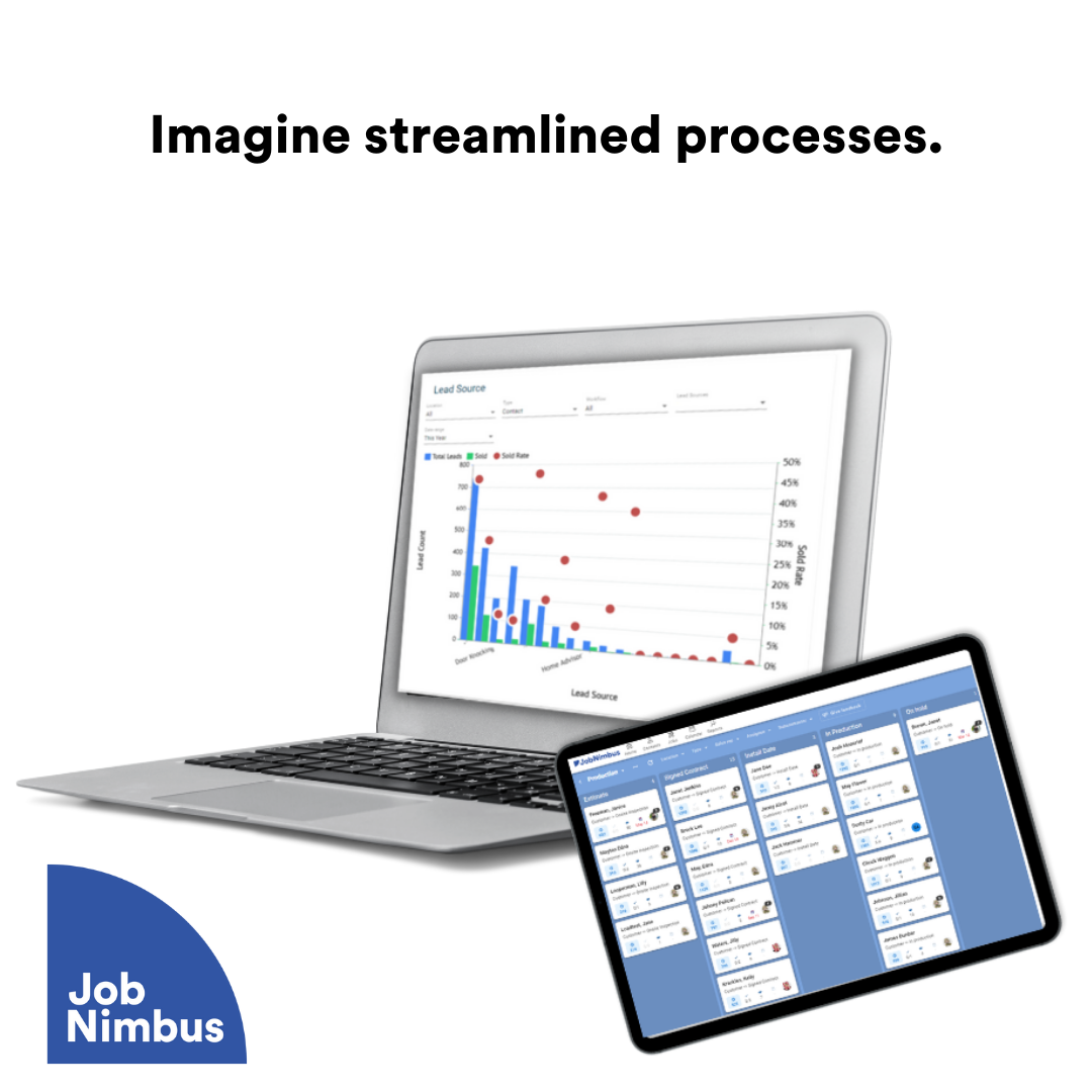 JobNimbus manages jobs, your team and financials as a center of your business. From lead to paid and closed JobNimbus connects projects managers, clients and contractors. Connect to Quickbooks, Company Cam, Sunlight financial and more!
