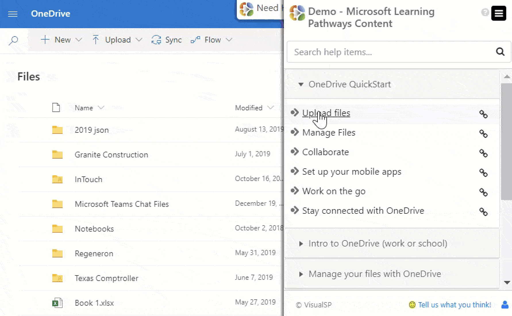 VisualSP screenshot: VisualSP delivers hundreds of constantly updated on-page guided walkthroughs, tips, videos and articles in your user’s own web environment.