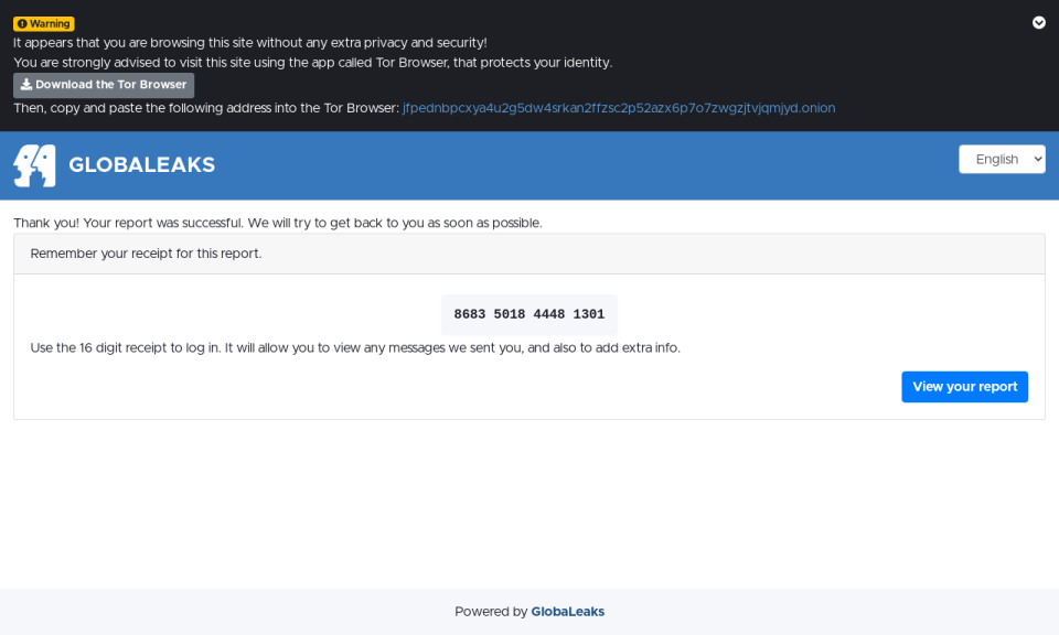GlobaLeaks Software - GlobaLeaks submission confirmation