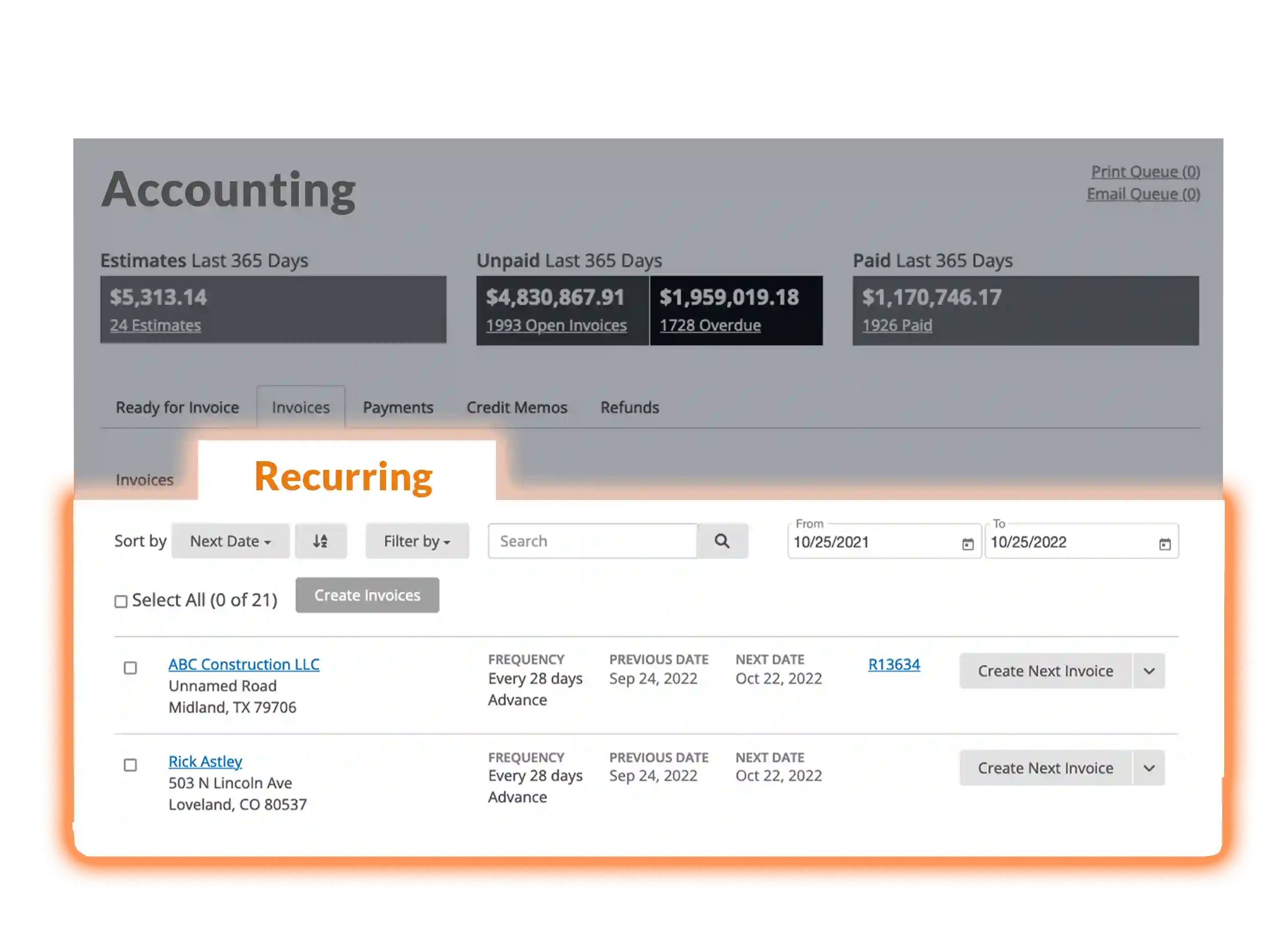 Send hundreds of recurring invoices with a click of a button and get paid faster.