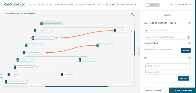 Knowmax screenshot: Knowmax interactive decision tree for customer support tickets