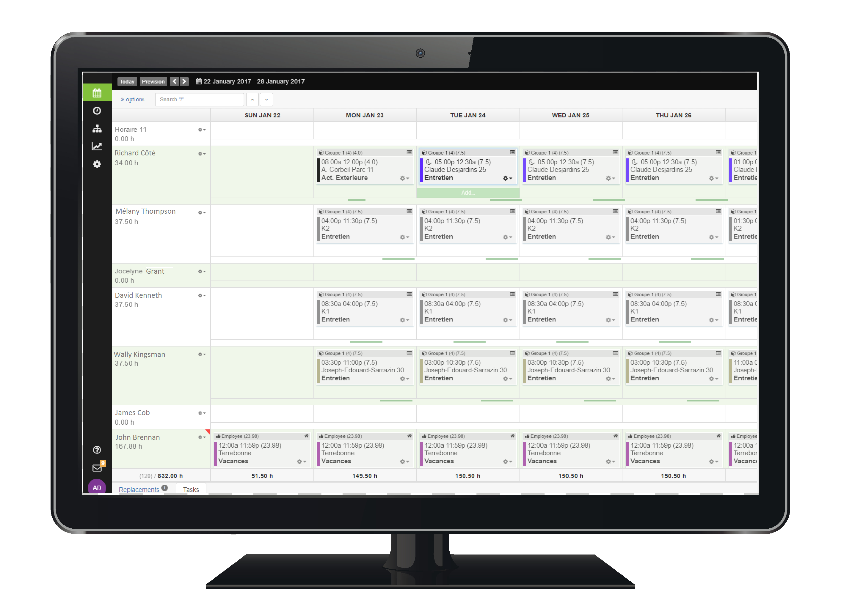 Timesphere screenshot: Create work schedules, while respecting company needs, policies and rules, as well as employee skills and availability