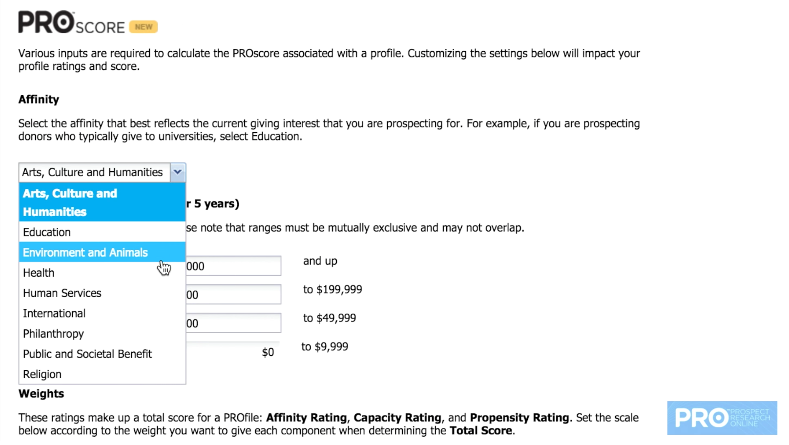Users can select the organization type to rate each prospect's connection to specific sectors