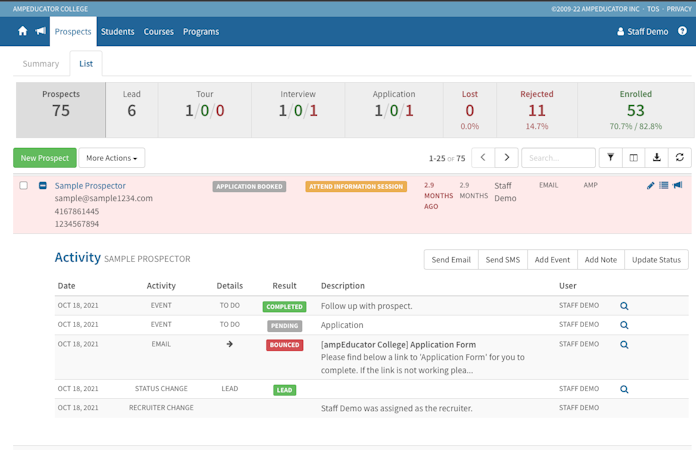 ampEducator screenshot: Connect with Prospects (CRM)