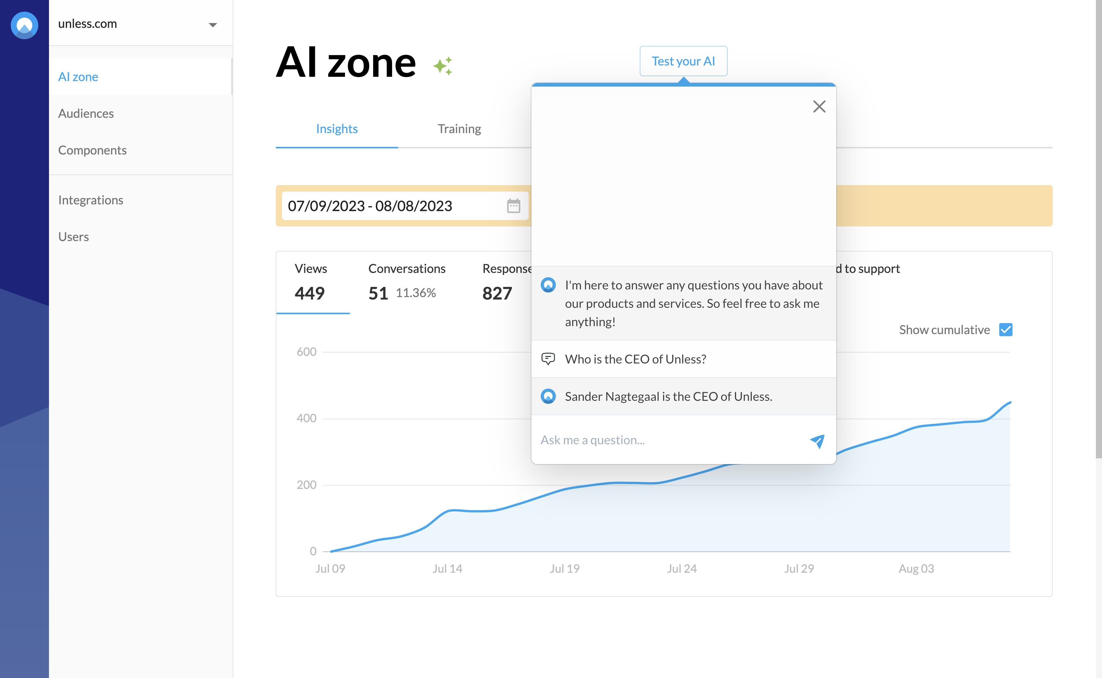 Train your AI: In the AI training zone, submit your website, FAQ or other documents as source material. You can test your AI almost immediately.