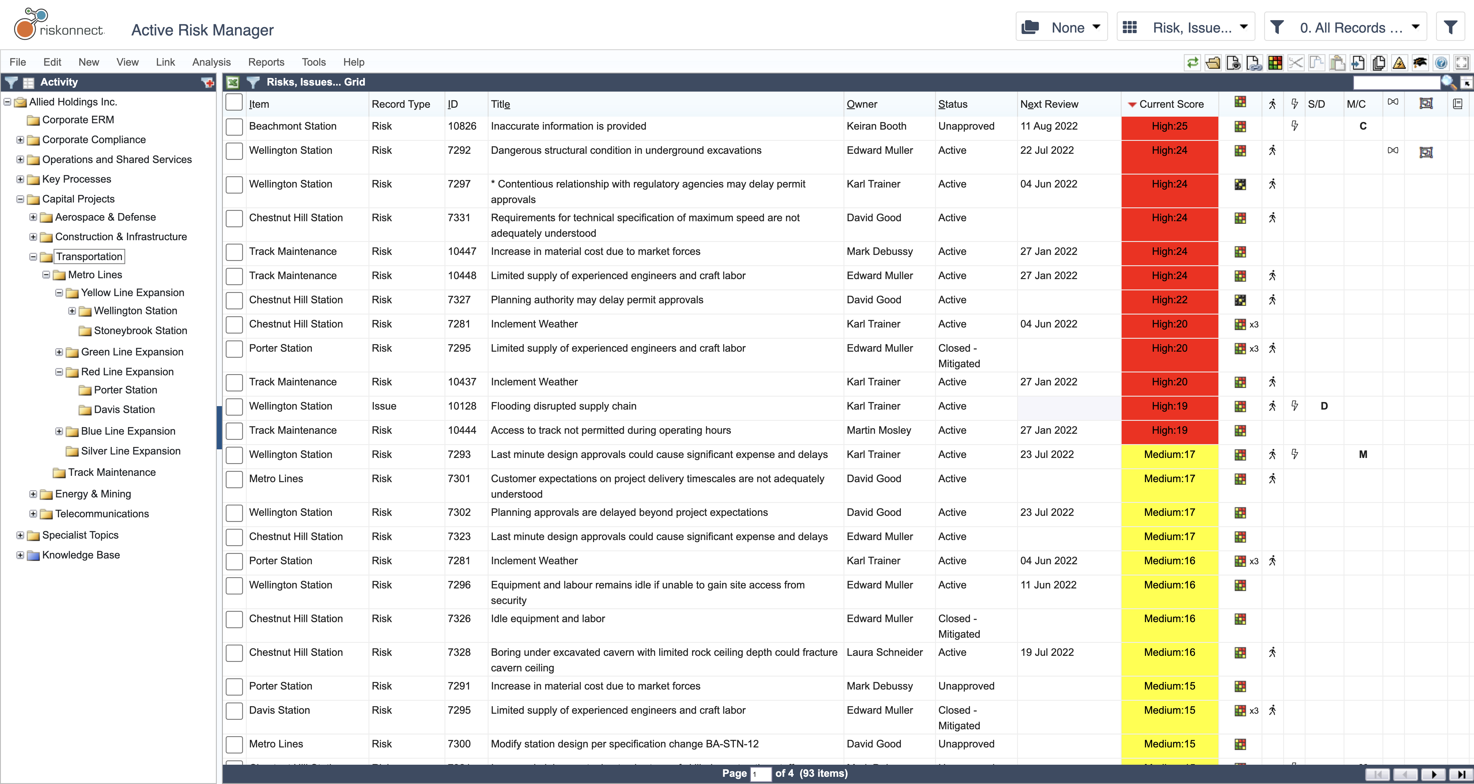 Project Risk Management's risk manager interface