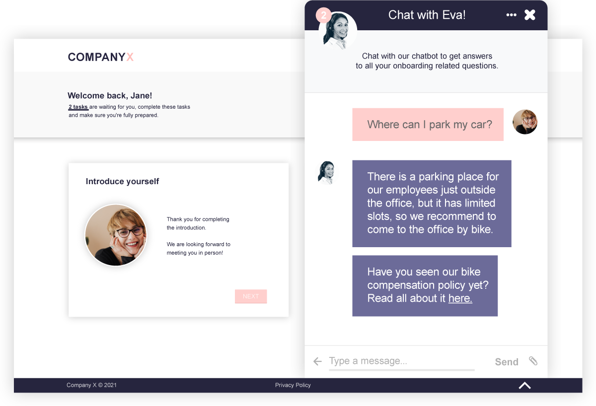 Our AI chatbot assistant helps deliver bite-sized facts about your company, alerting onboardees to new content and inviting them to test their knowledge as they go through their pre-boarding process.