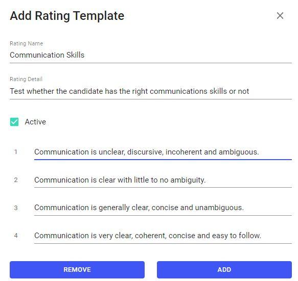 Hirestream screenshot: Candidate Rating Template