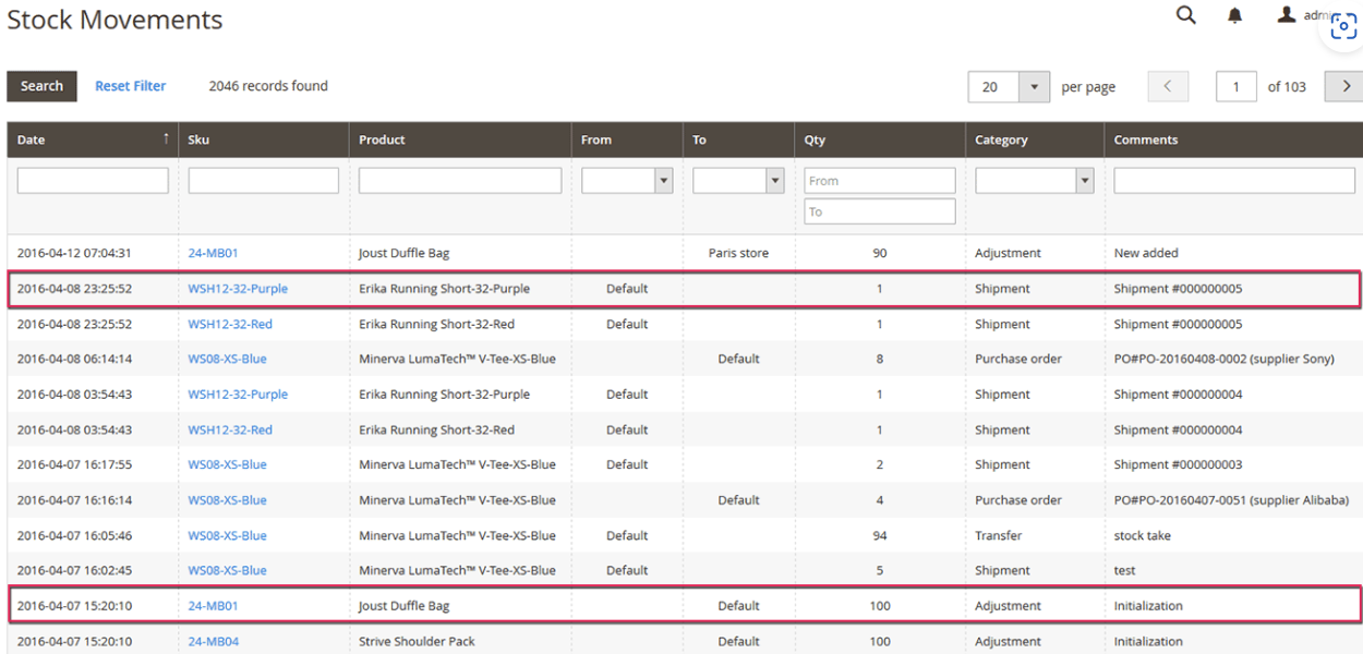 Embedded ERP screenshot: Embedded ERP stock movements